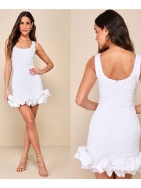 Lulu’s White Textured Ruffle-Hem Mini Dress